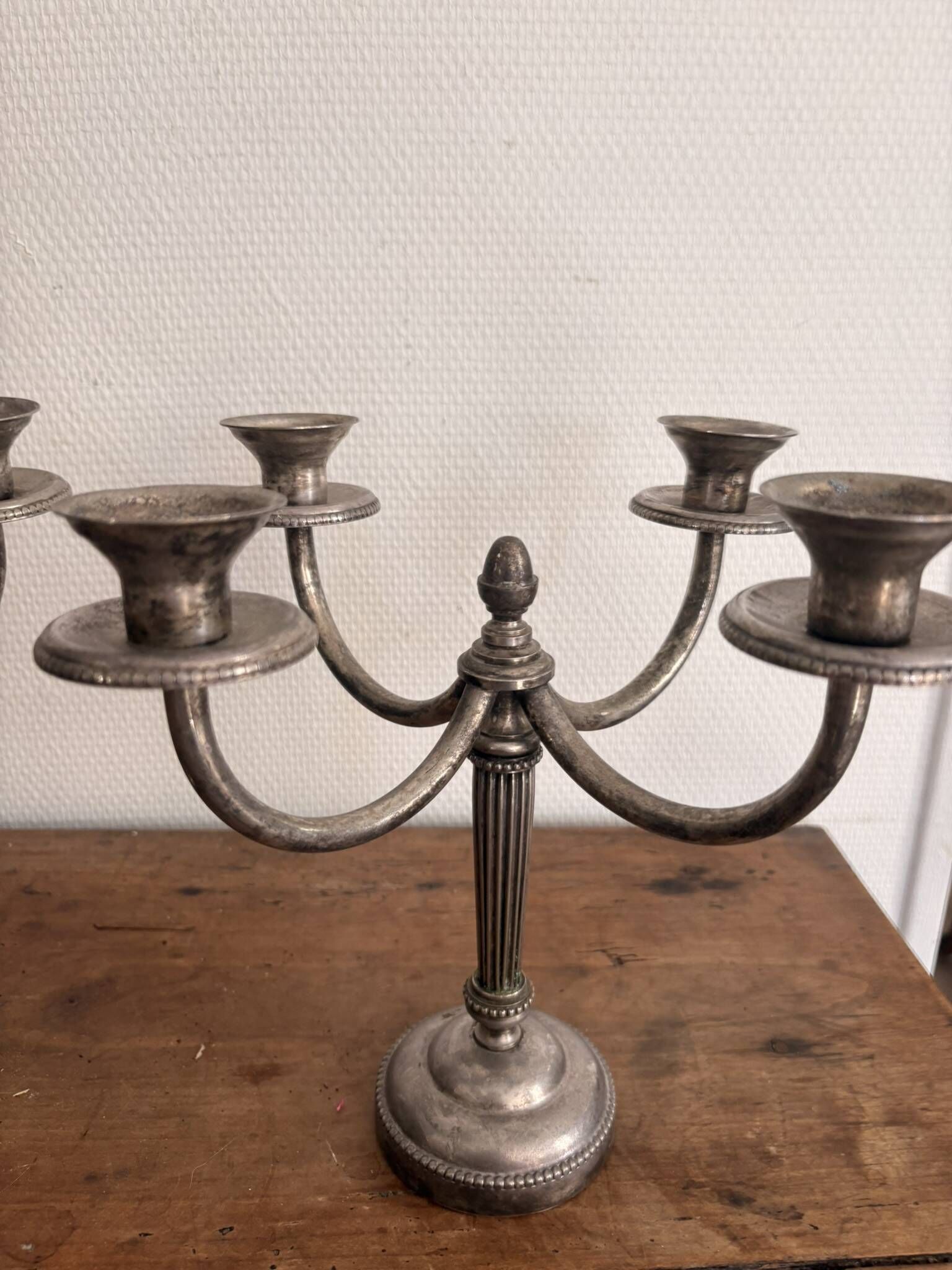 Pair of Silver Metal Candelabra Louis XVI 4 Light Candle Holders