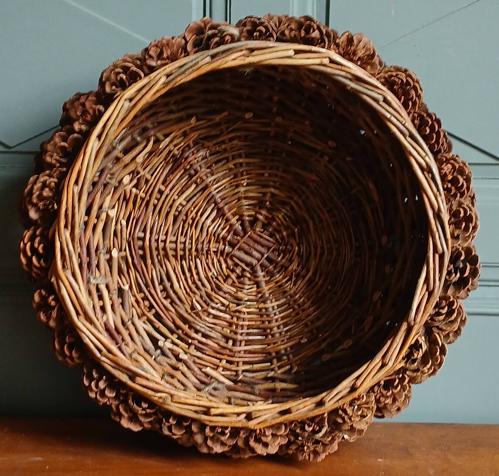 XL handmade wicker & pine cone Adirondack basket, circa 1930.