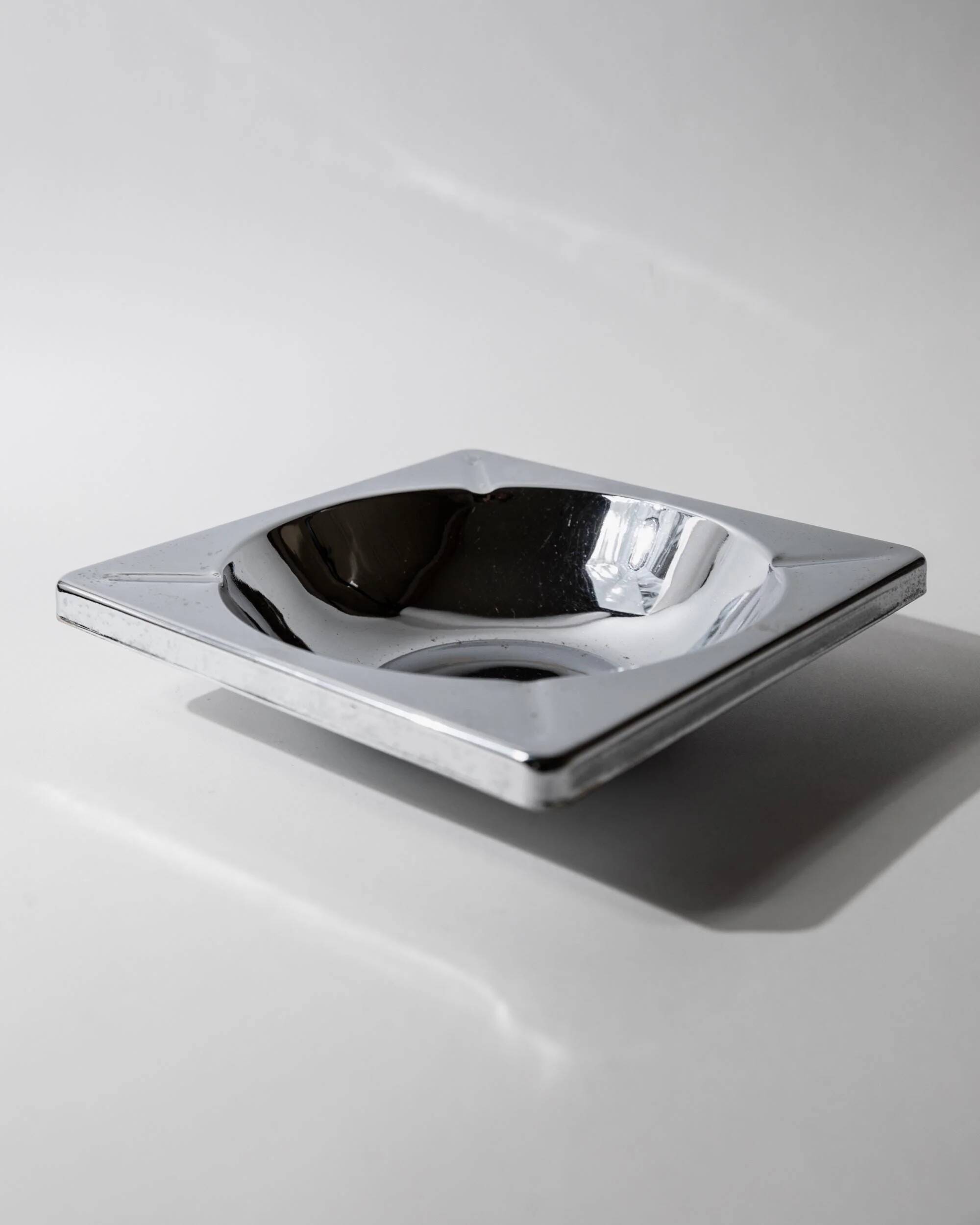 Vintage chrome ashtray from the 1980s, large square, brutalist design.