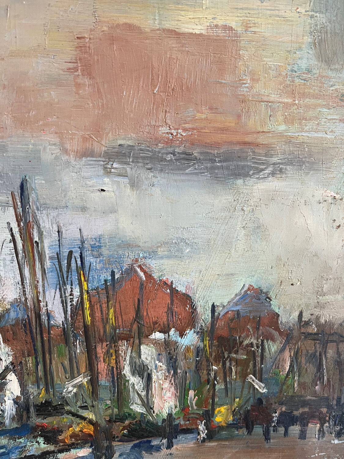 Sailboats in the harbour, oil on wood panel