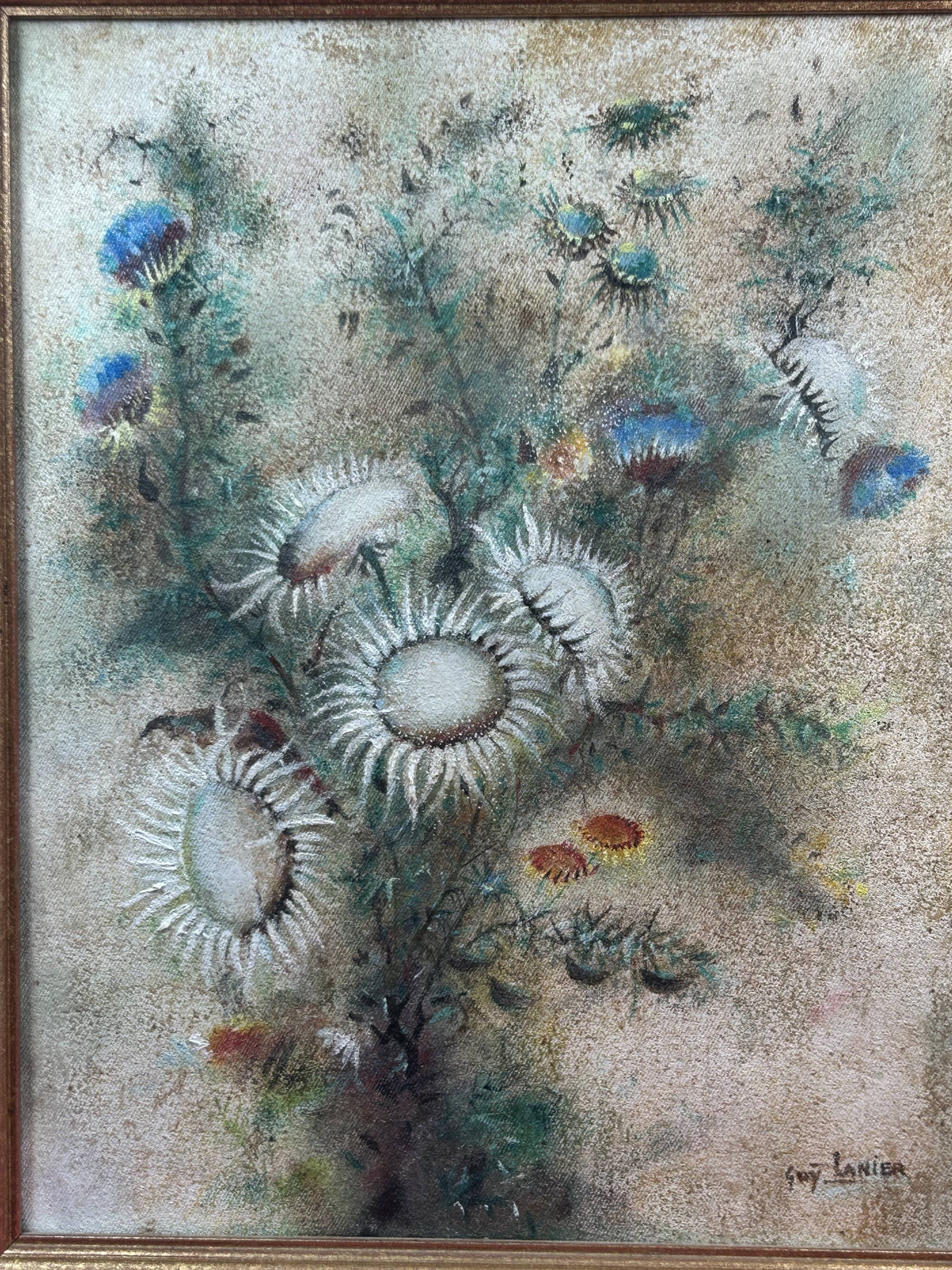 Oil/canvas Nature Wildflowers, Thistles signed Guy Lanier