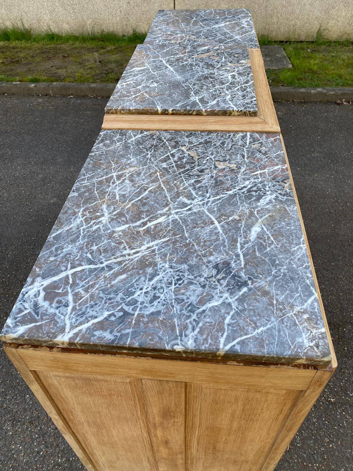 Renovated art deco sideboard in raw solid oak and gray marble 200cm