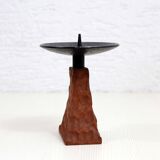 Brutalist teak and metal candle holder