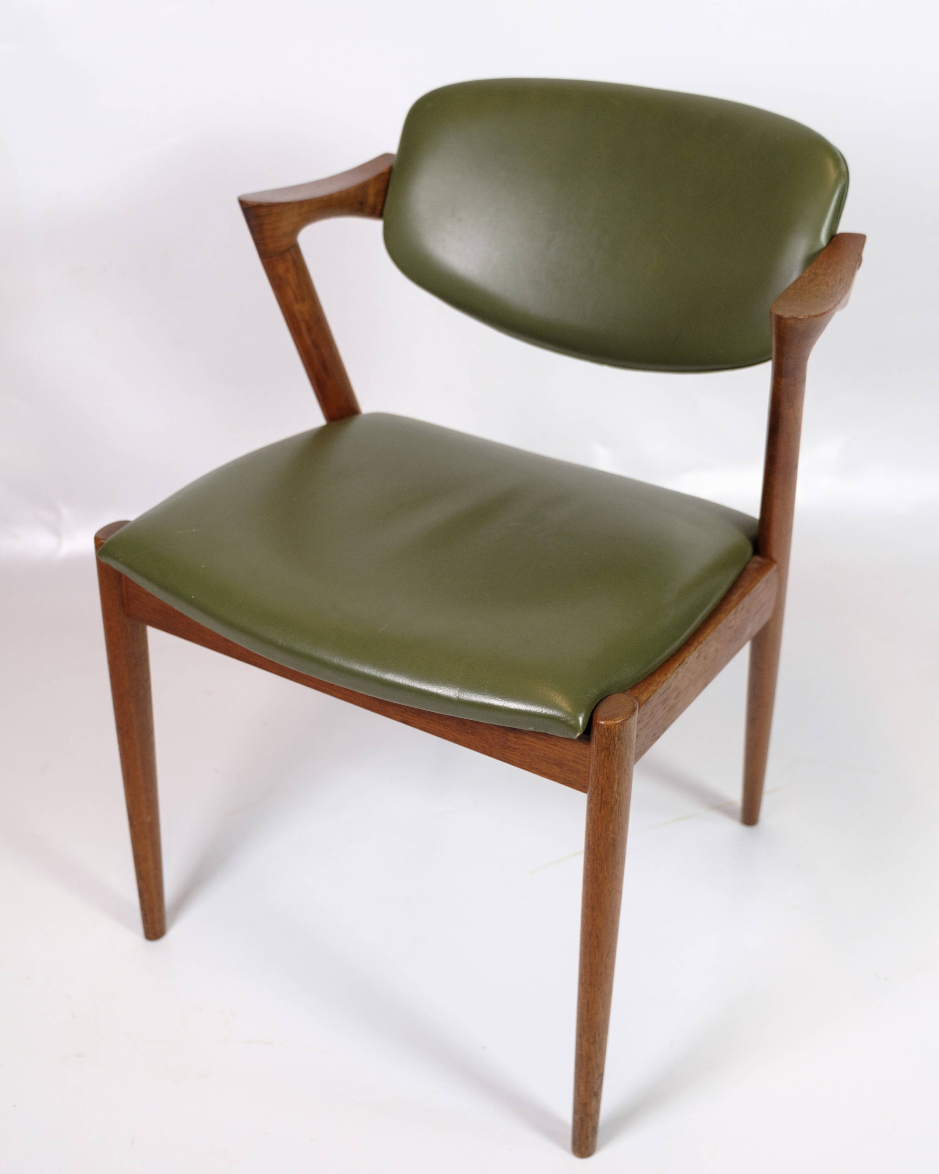 Set Of 6 Dining Chairs Model 42 Made IN Teak With Green Leather Seat By Kai Kristiansen From 1960s