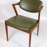 Set Of 6 Dining Chairs Model 42 Made IN Teak With Green Leather Seat By Kai Kristiansen From 1960s
