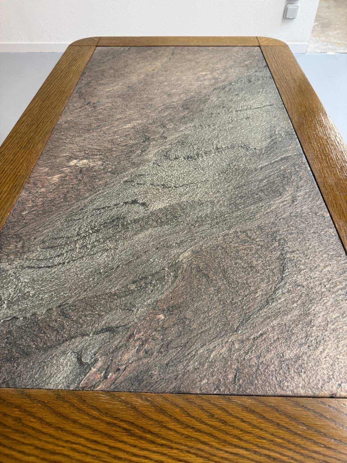 Old coffee table in wood and granite stone, vintage design from the 70s