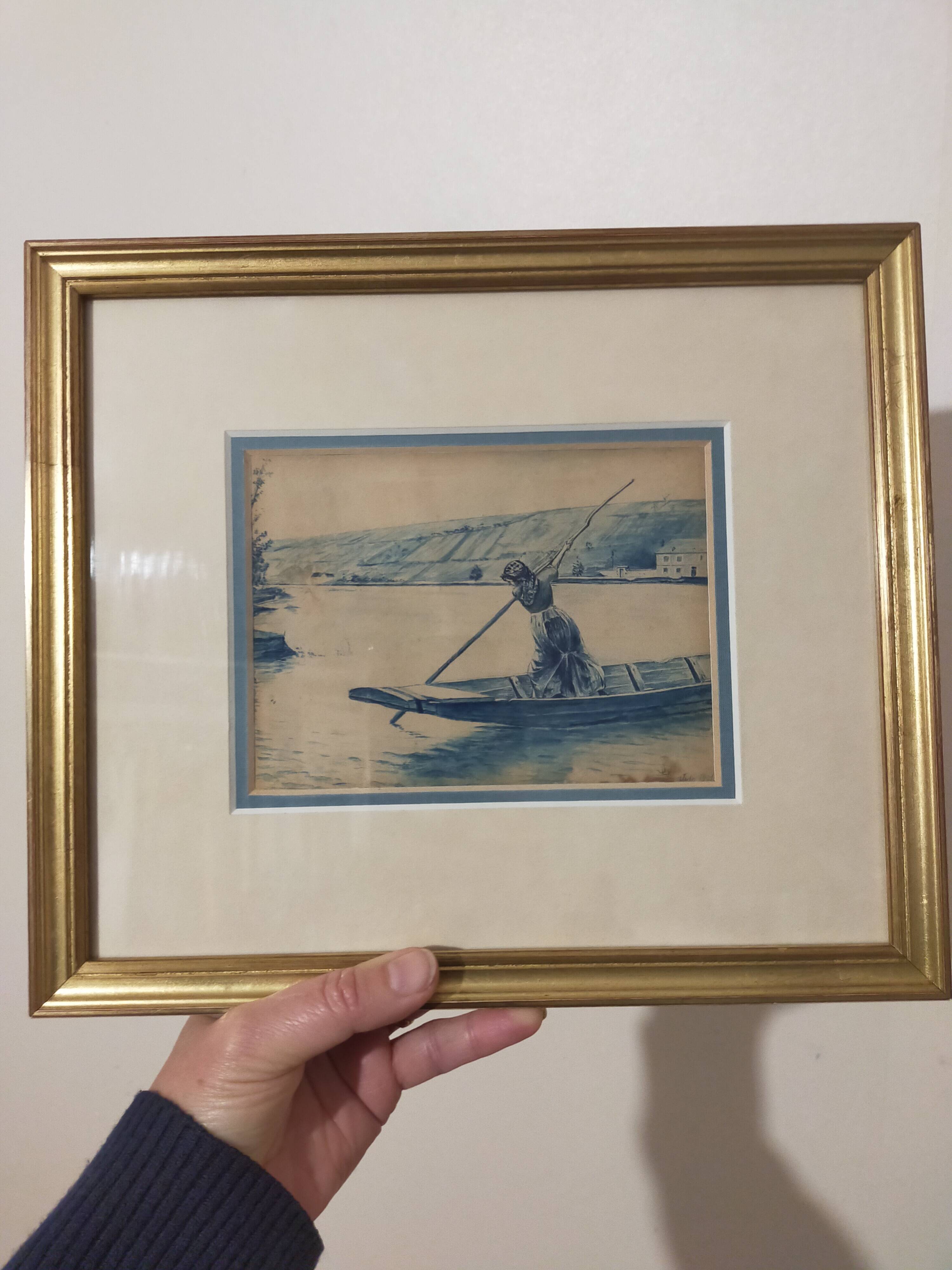 Framed signed watercolor marine landscape