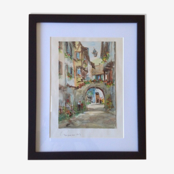 Watercolor by Alfred Doll representing "Riquewihr, rue Juifs" 30X37cm