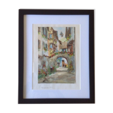 Watercolor by Alfred Doll representing "Riquewihr, rue Juifs" 30X37cm