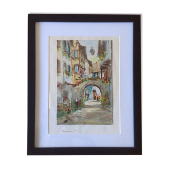 Aquarelle de Alfred Doll représentant "Riquewihr, rue Juifs" 30X37cm