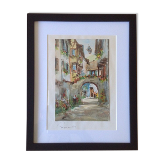 Watercolor by Alfred Doll representing "Riquewihr, rue Juifs" 30X37cm