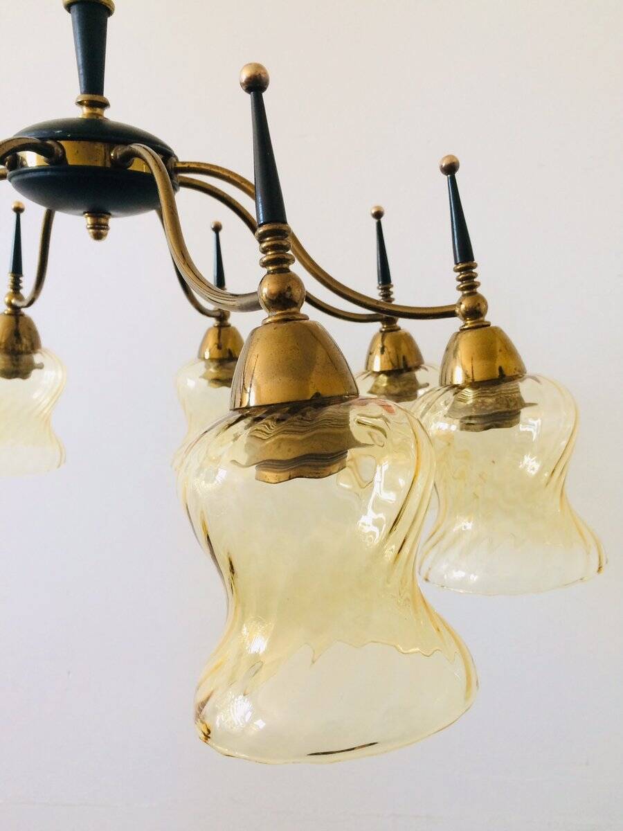 Atomic Age Design Brass and Glass Chandelier, 1950s