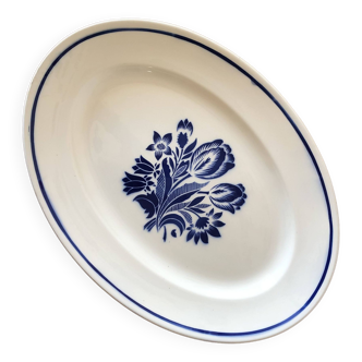 Grand plat de service oval Badonviller années 40, motif au pochoir bleu