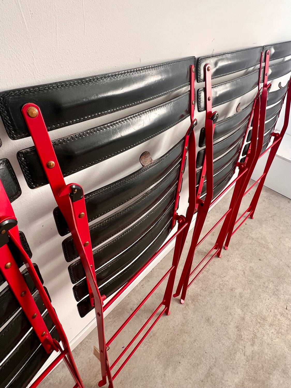 Set of 4 folding leather and metal chairs Italian design Zanuso for Zanotta Celestina vintage