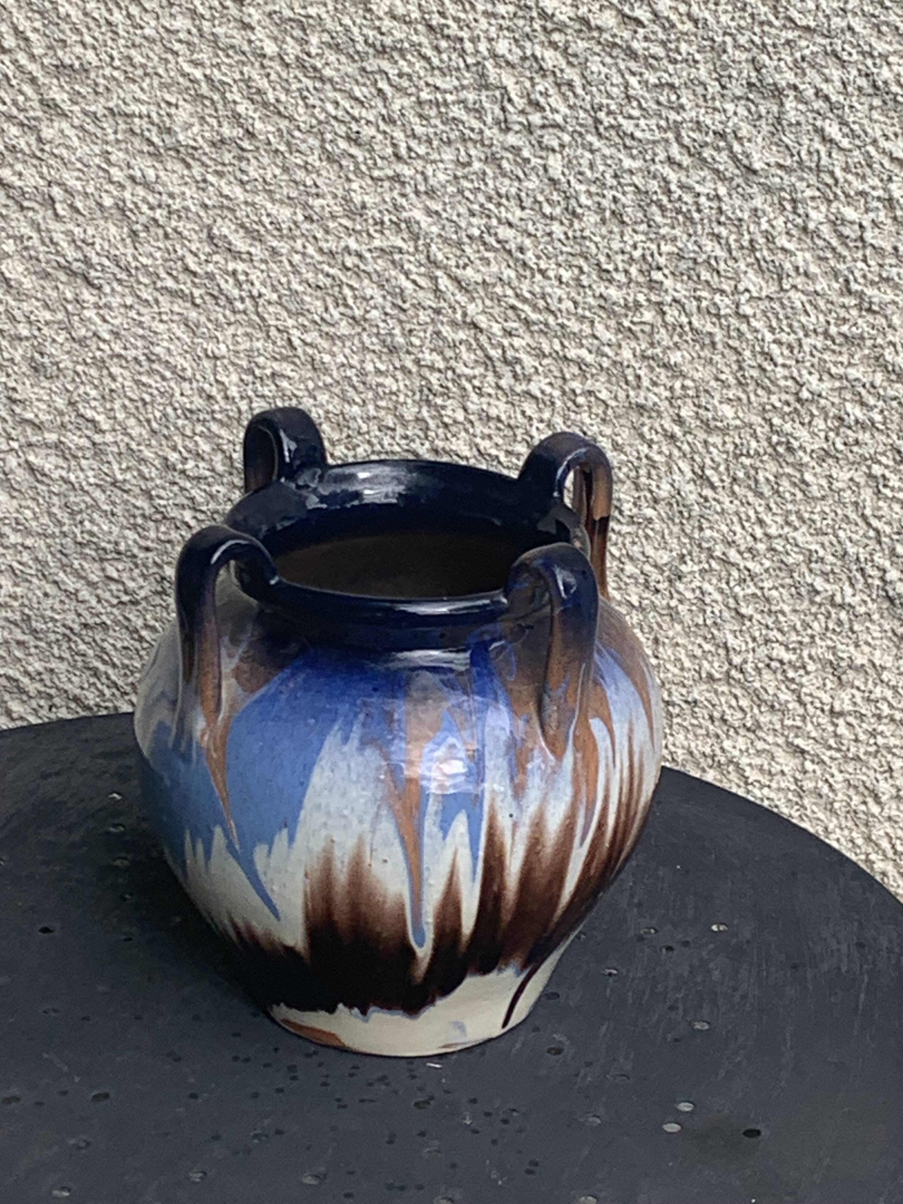 Amphora vase in mixed earth, shades of blue, beige and white, pottery, vintage