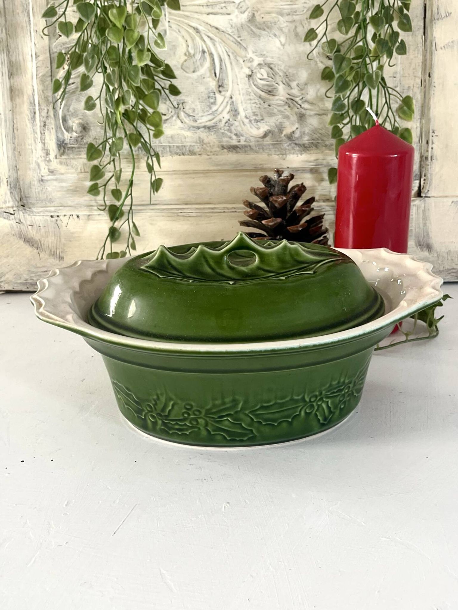 Christmas Terrine with Holly Lid, Green Ceramic Serving Dish, Vintage