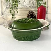 Christmas Terrine with Holly Lid, Green Ceramic Serving Dish, Vintage