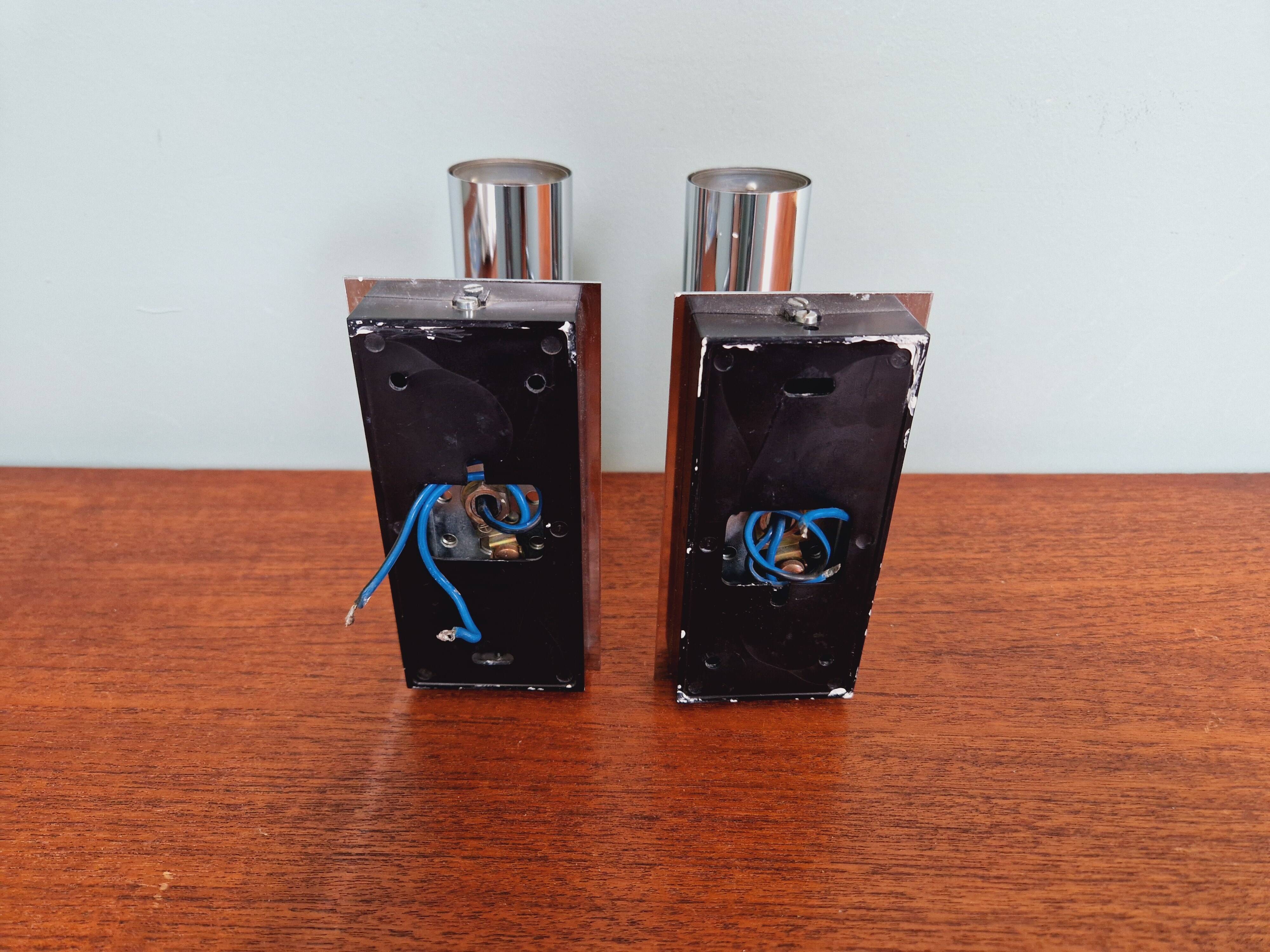 Pair of tubular double-light wall lights in chrome-plated metal, 1970s