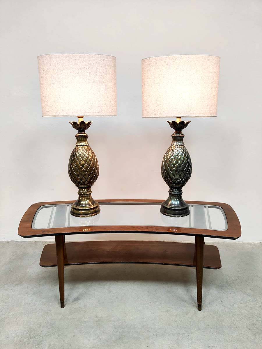 Vintage French brass pineapple table lamp set