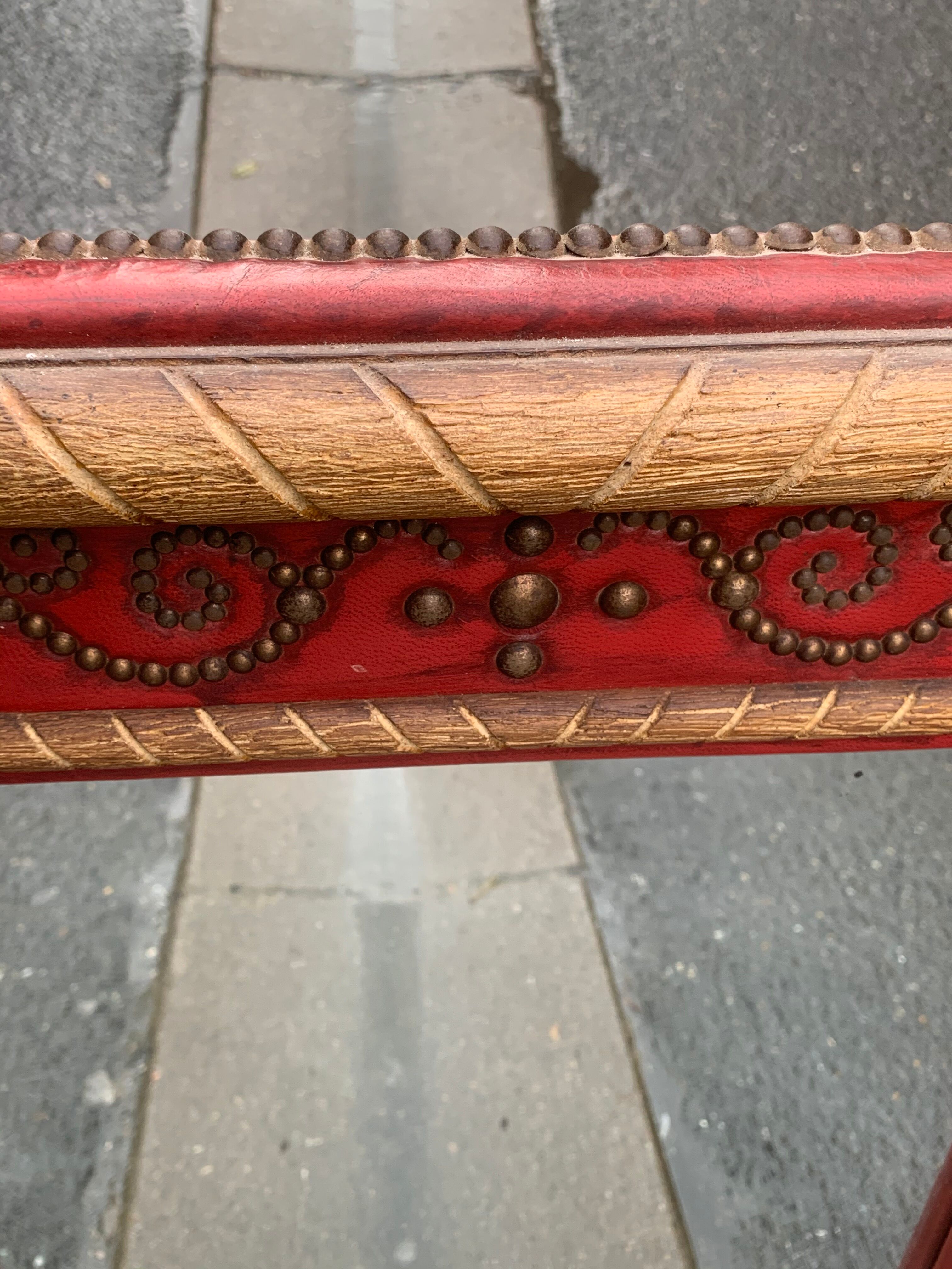 1950 wood and red leather studded mirror