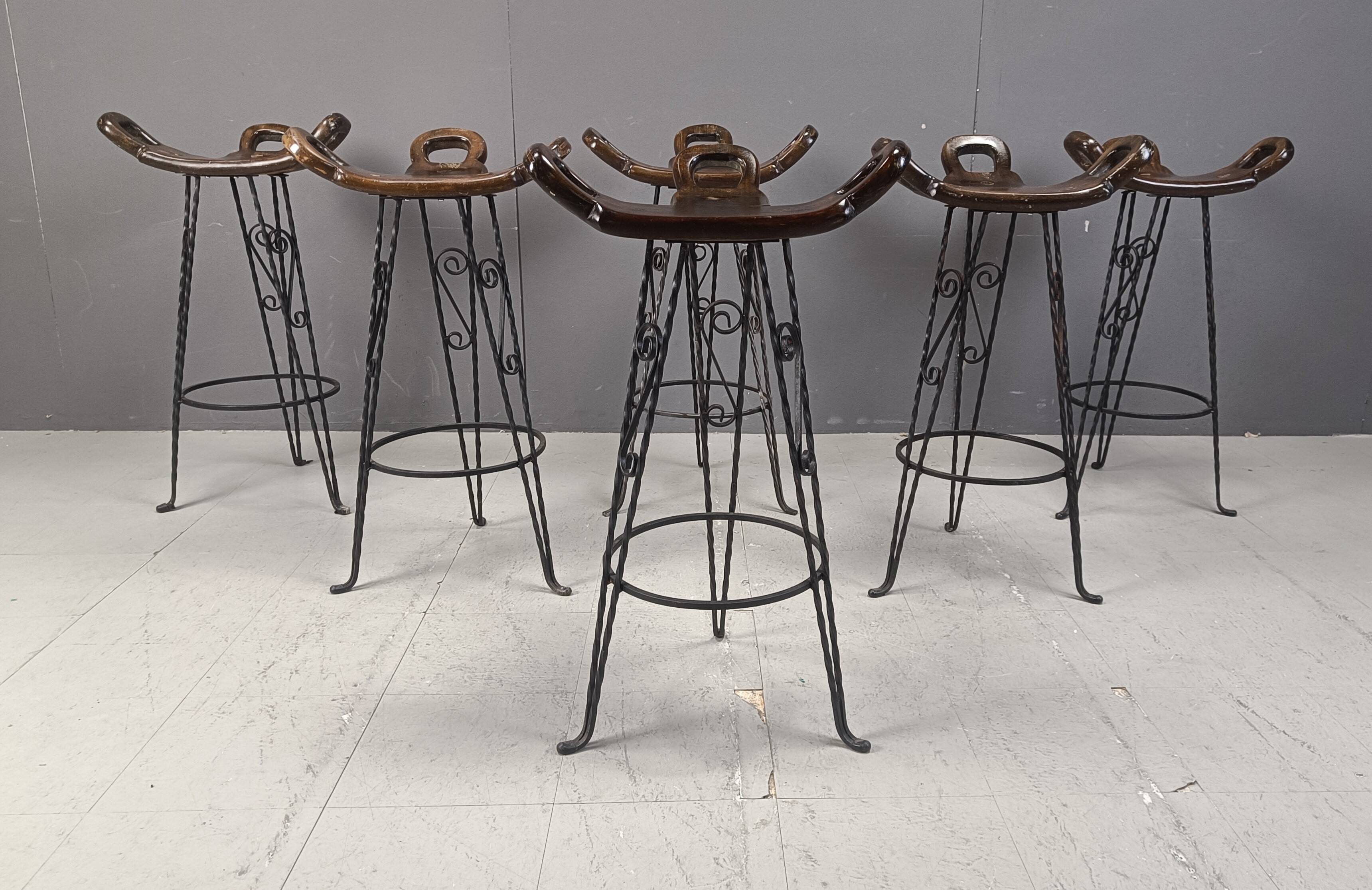 Vintage spanish wrought iron bar stools, 1960s - set of 6