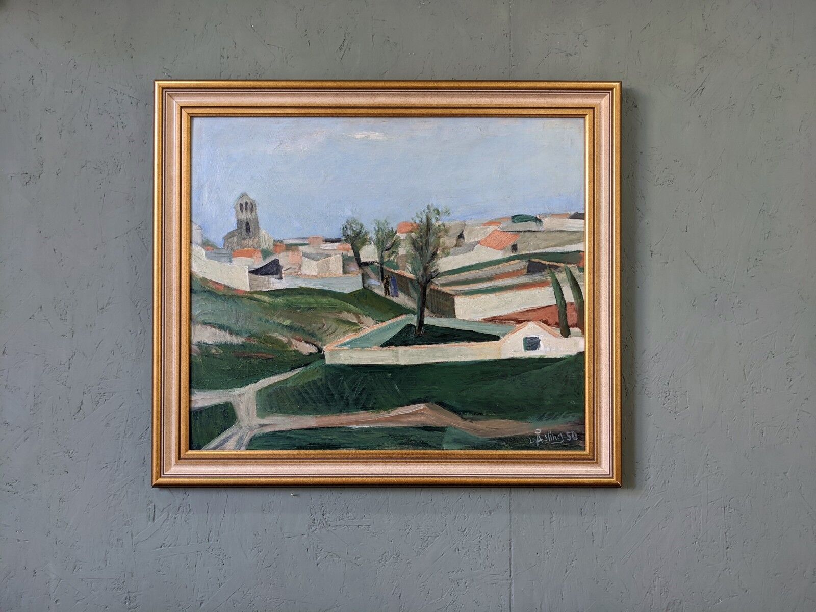 Mid-century modern swedish "slope" landscape, framed oil painting
