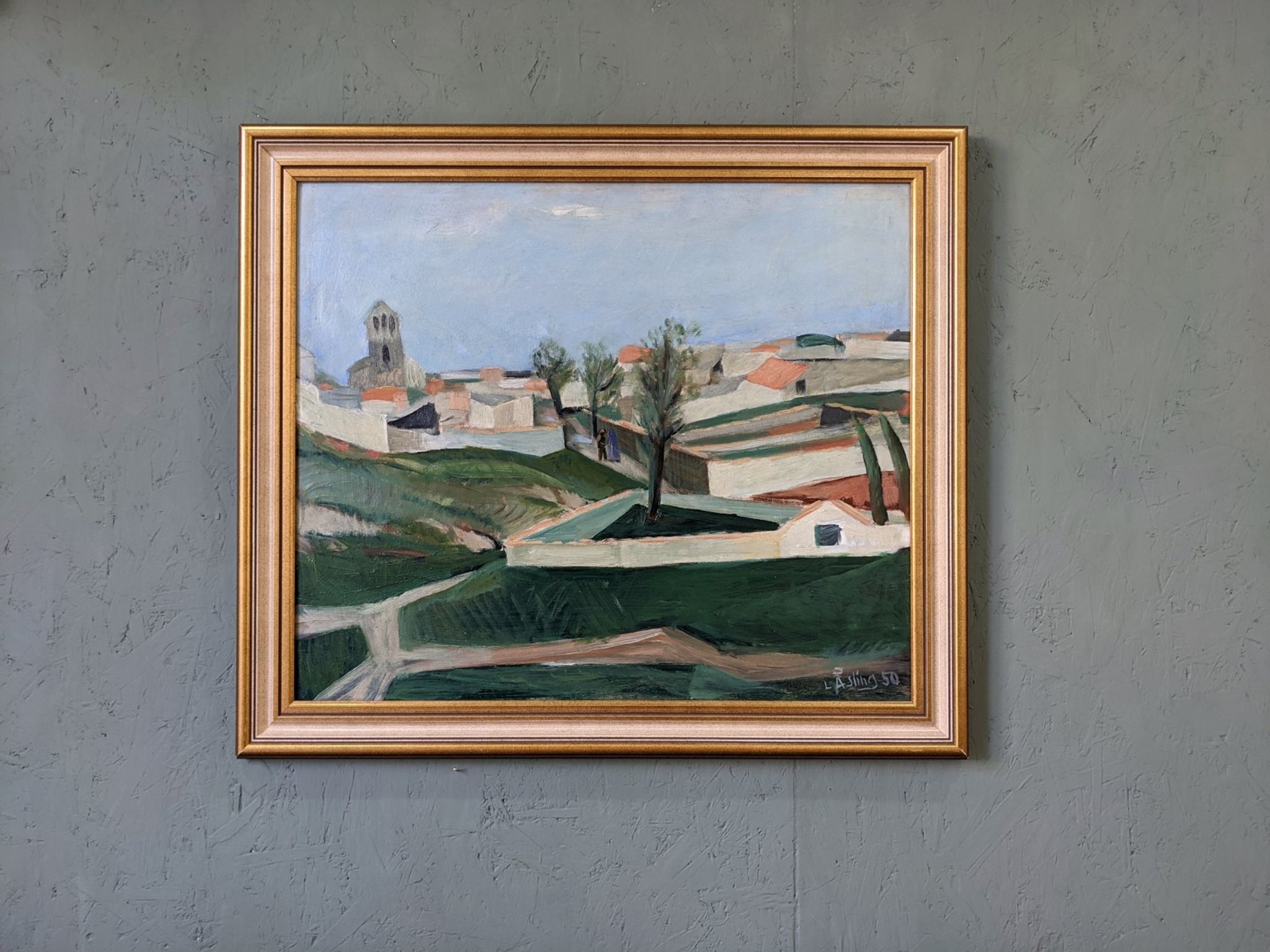 Mid-century modern swedish "slope" landscape, framed oil painting