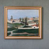Mid-century modern swedish "slope" landscape, framed oil painting