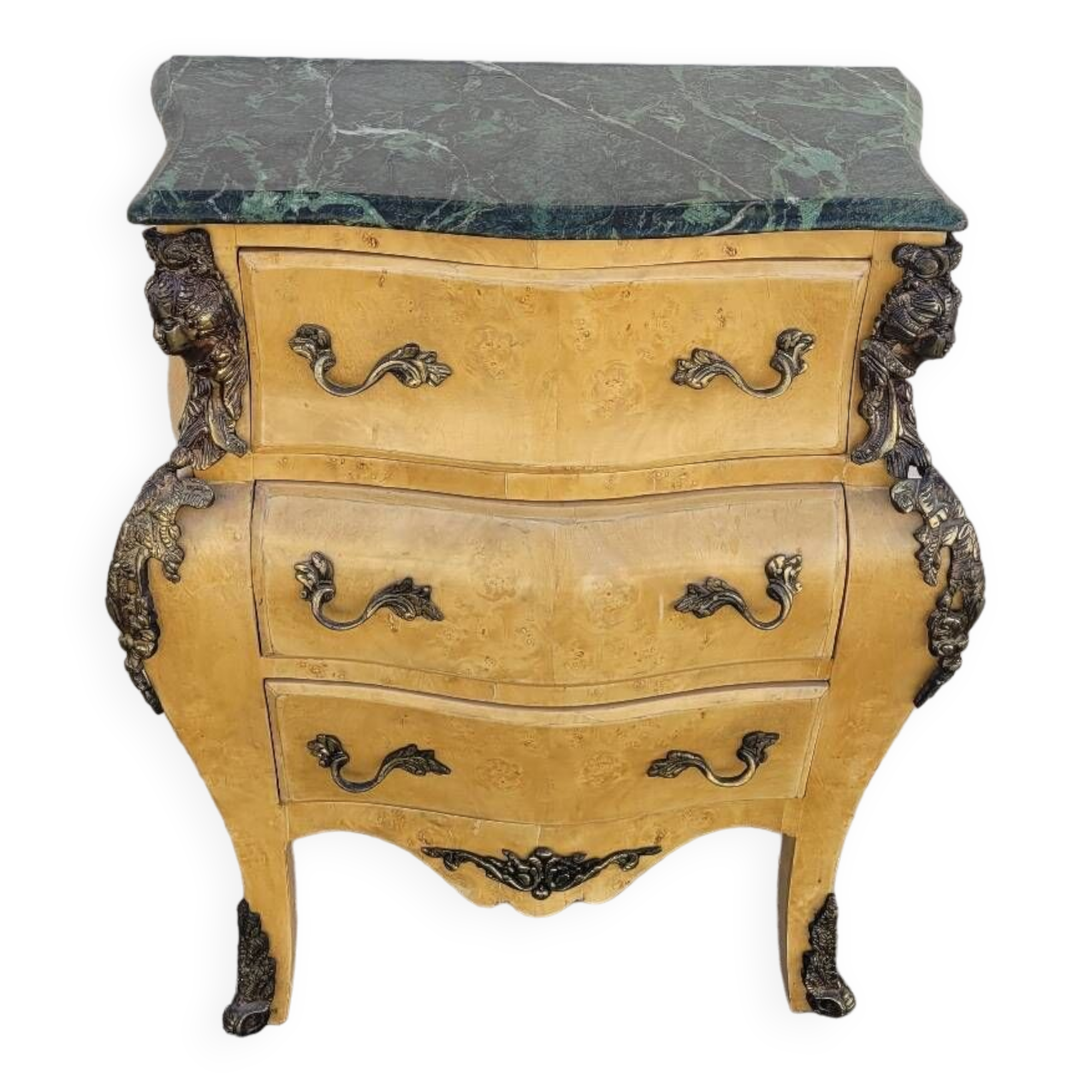 Curved Louis XV style chest of drawers in elm burl and bronze marquetry