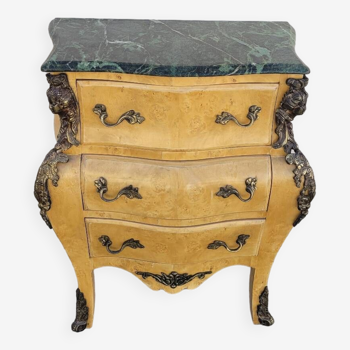 Curved Louis XV style chest of drawers in elm burl and bronze marquetry