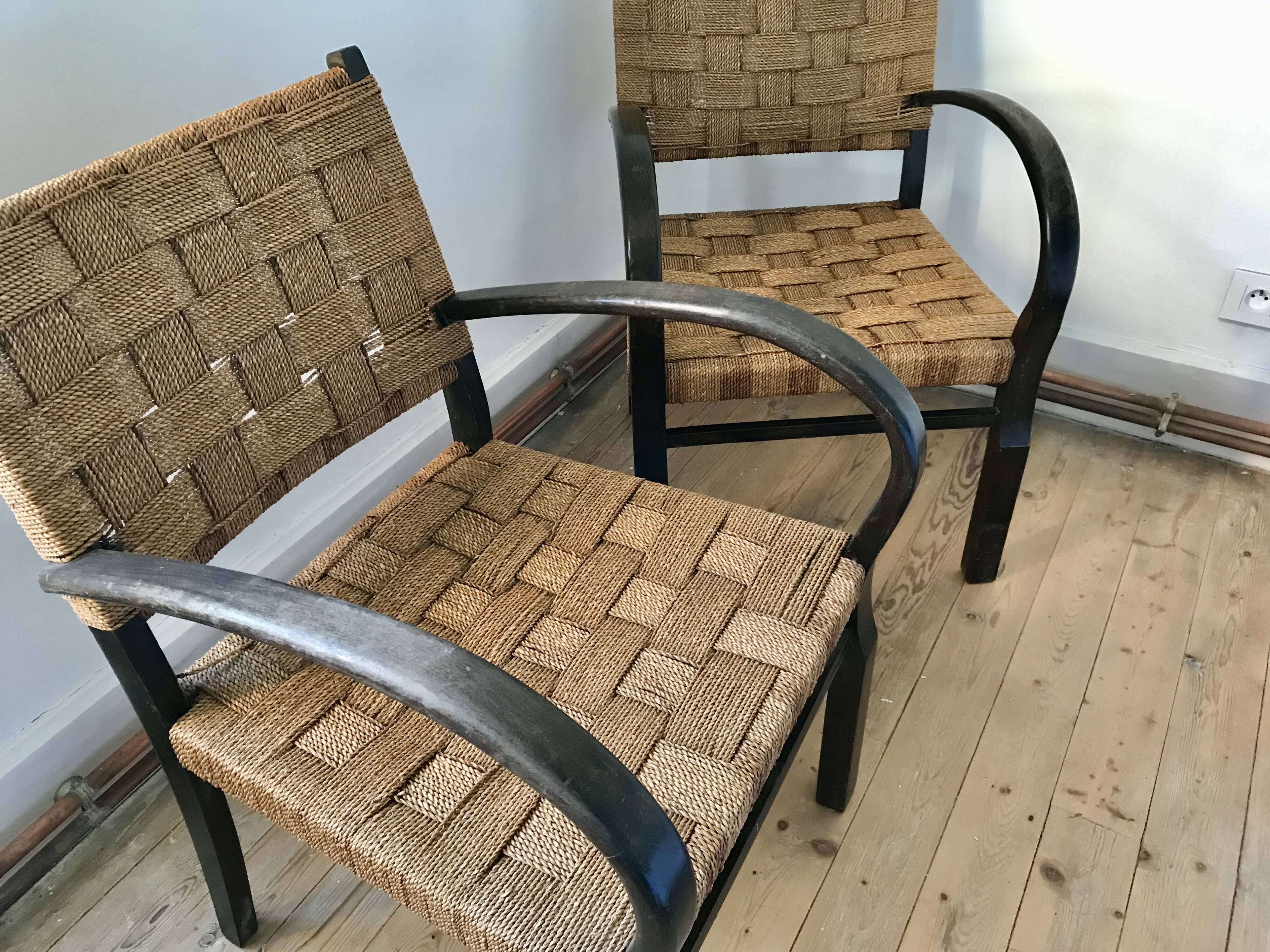 Pair of vintage rope armchairs, wooden frame, Sweden, 1960, Axel Larsson