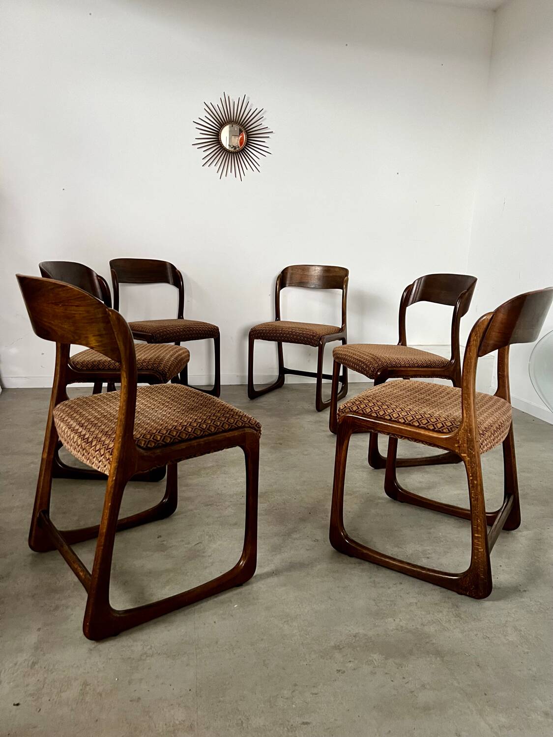 Set of 6 old baumann design sled chairs from the 60s wood and fabric