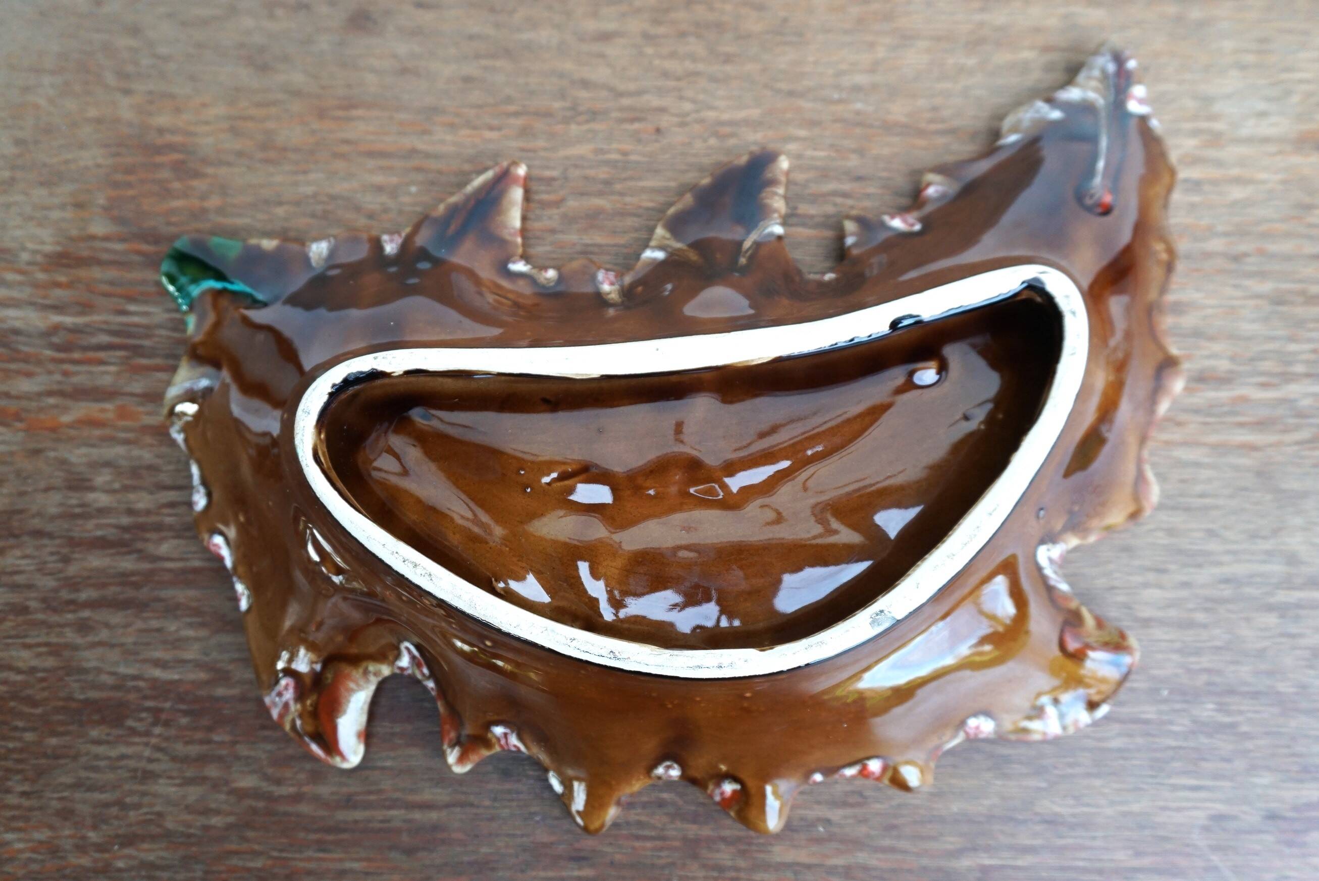 large vintage Vallauris ceramic fruit bowl in leaf shape