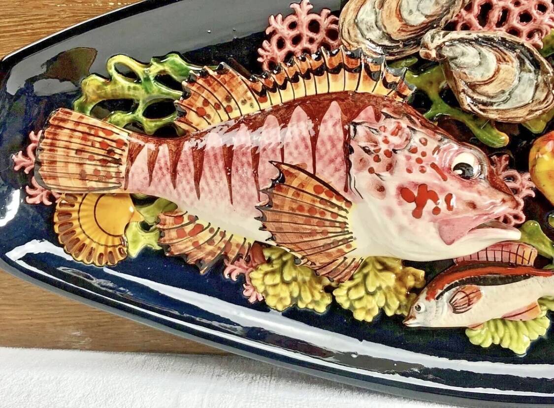 Large Vallauris slip dish 57x25 cm lobster fish