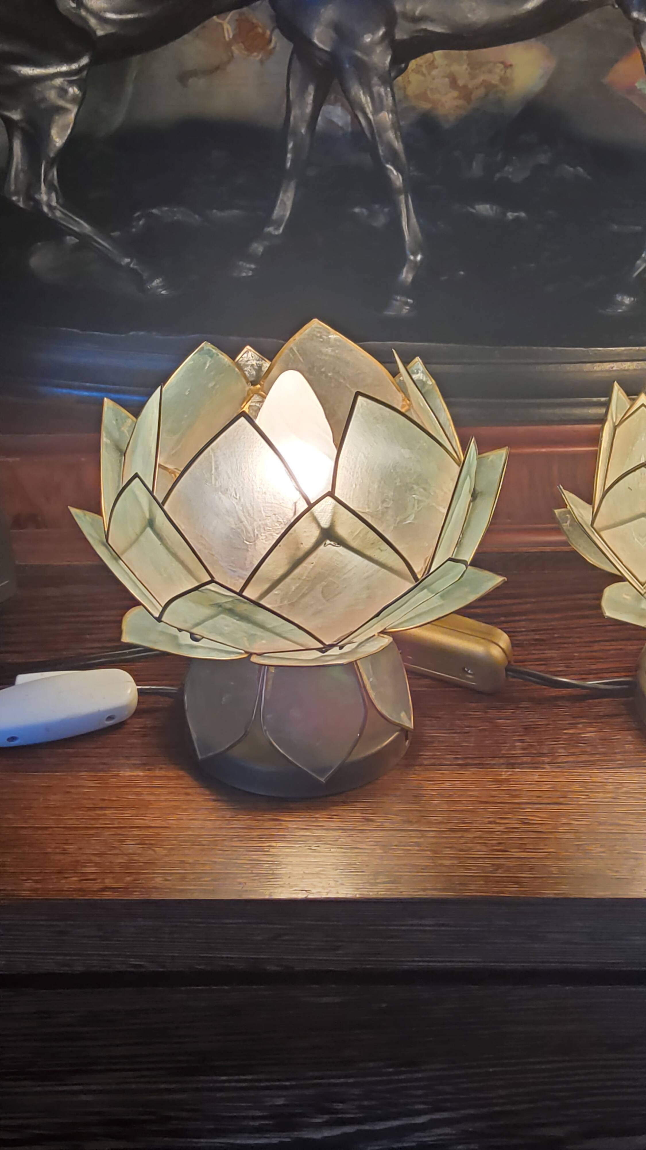 Pair of designer table lamps in turquoise blue green capiz mother-of-pearl from the 70s
