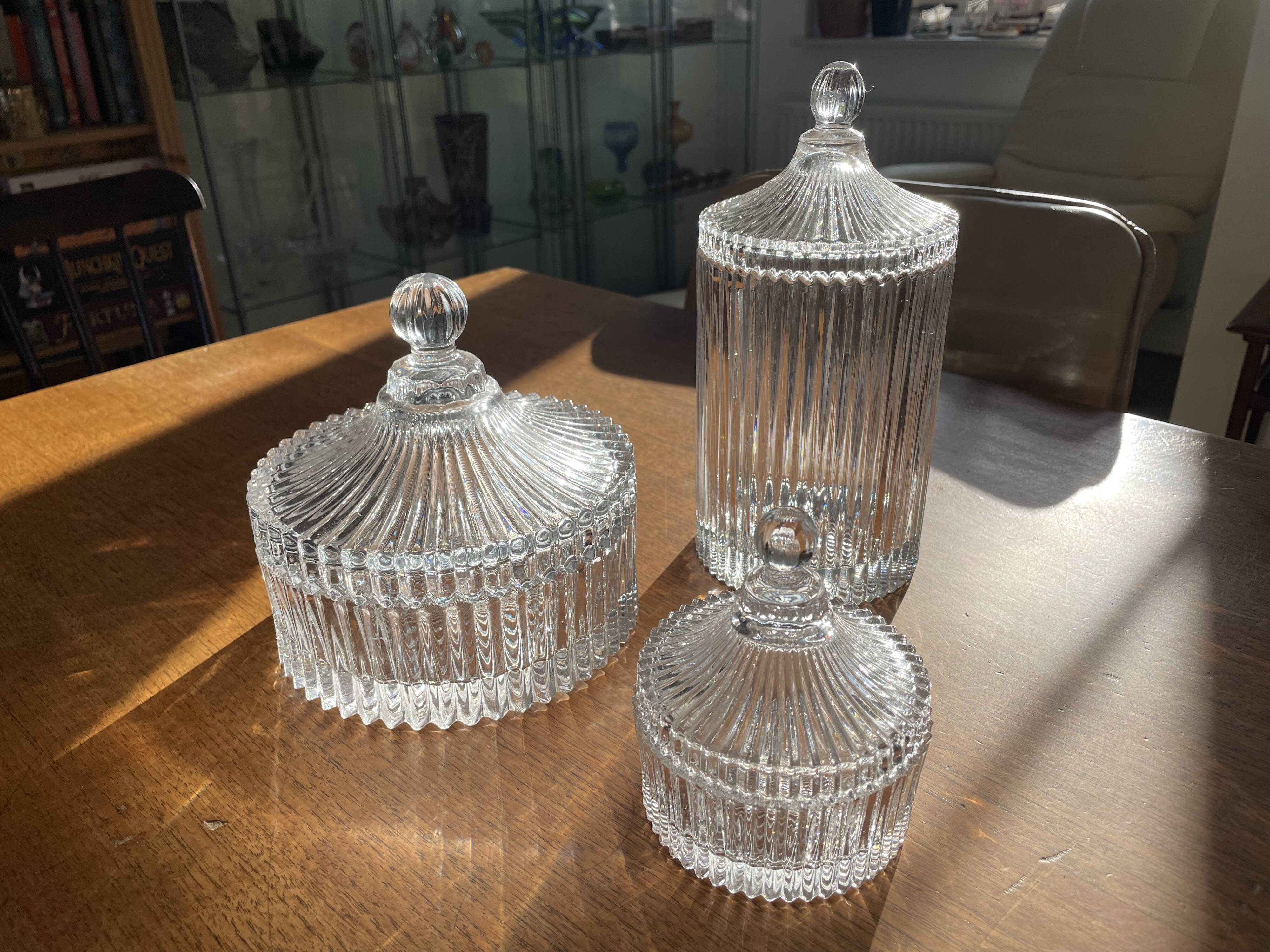 Set of 3 striped glass candy jars with lid or pharmacy jars.