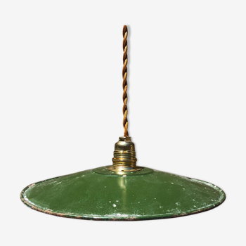 Suspension vintage en tôle émaillée style industriel vert et blanc fils dorés et douille neufs