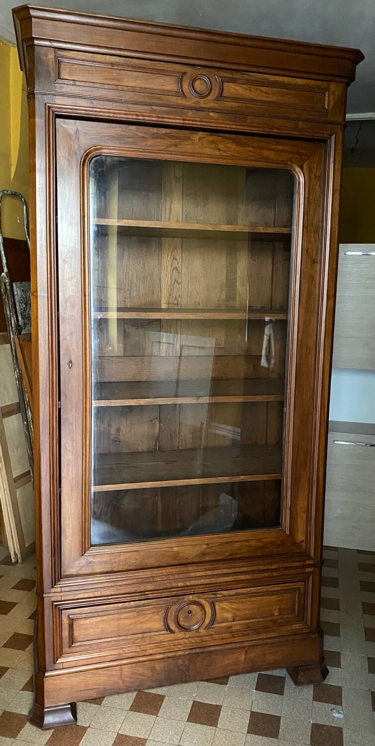 Walnut display cabinet with drawer