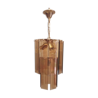 Lustre pampilles plaque en verre fumé Italie, années 70