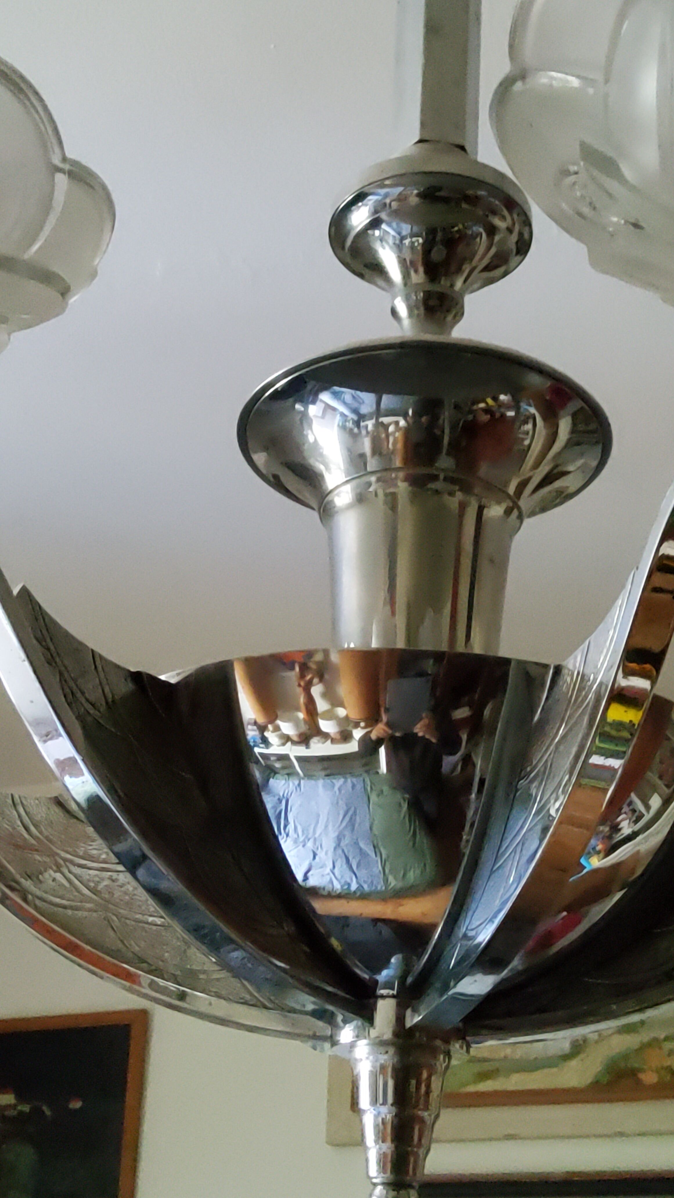 Art deco chandelier in chromed metal and glass 6 arms of lights