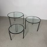 Set of 3 Minimalist Wire and Glass Nesting Tables, 1970s - 1980s