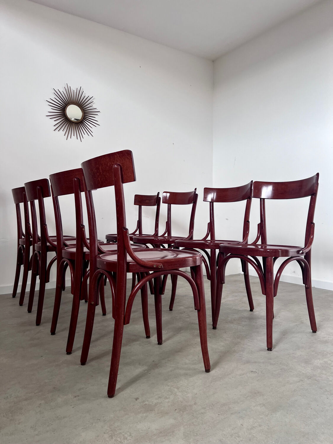 Set of 8 vintage 70s curved varnished wood bistro chairs