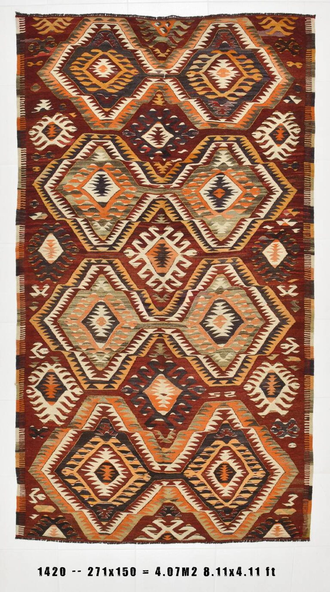 5x9 Dark Red & Cream Turkish Antique Kilim Rug, 150x271Cm