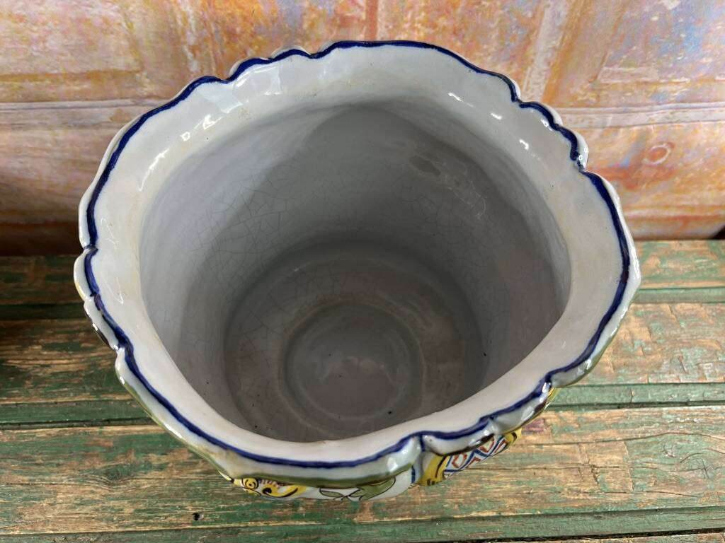 Polychrome French earthenware planter – Floral and butterfly decoration