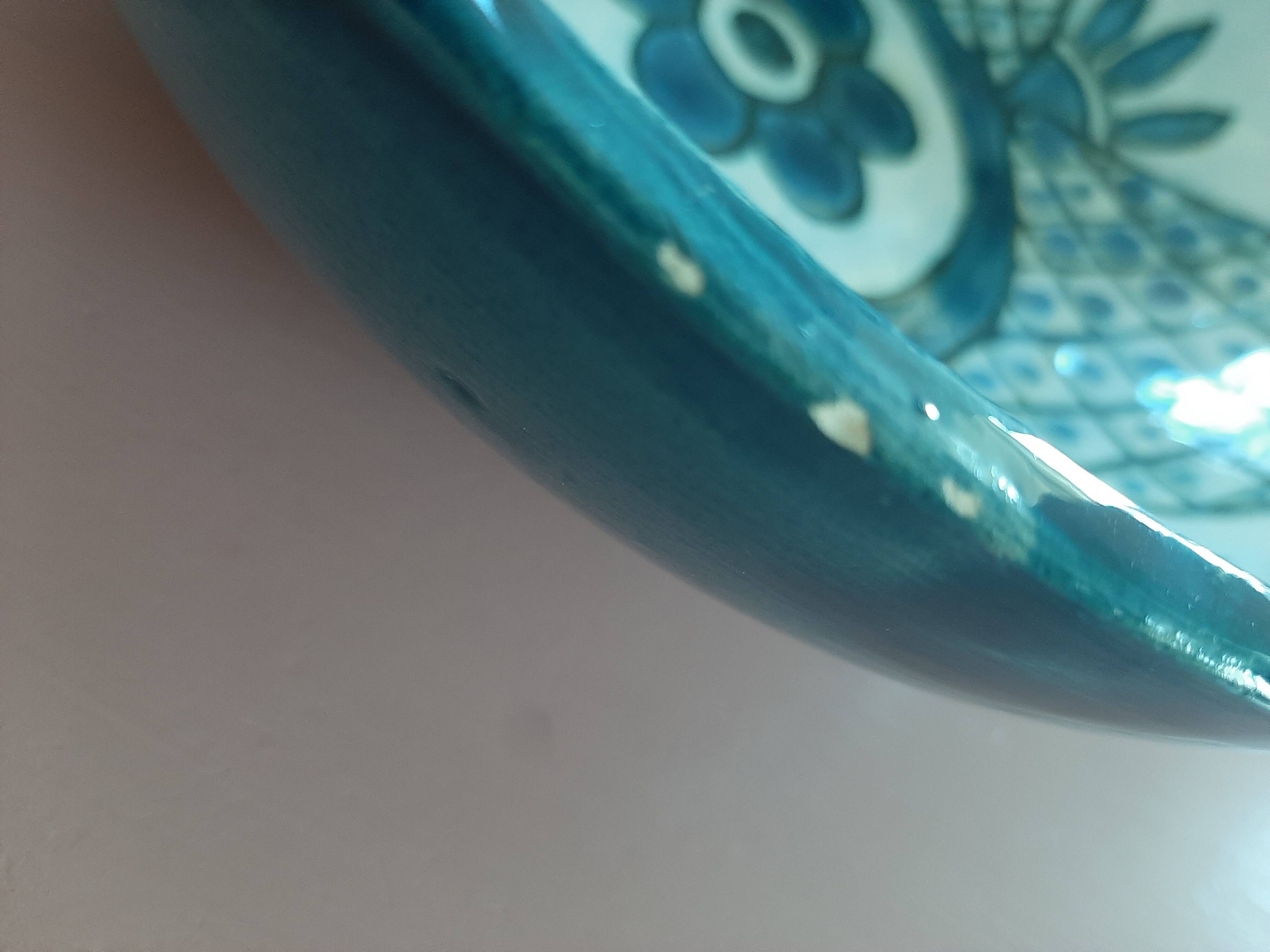 barbotine style salad bowl with blue floral pattern