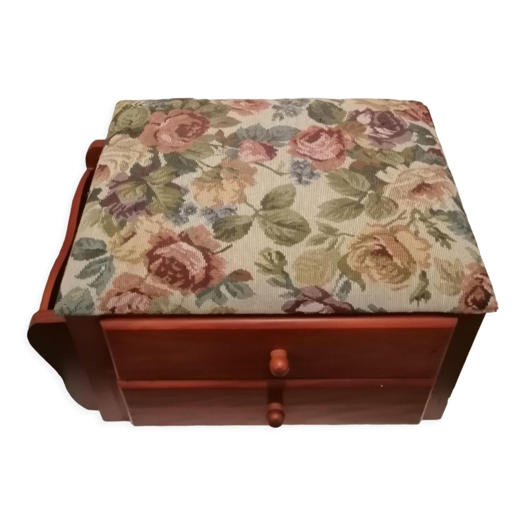 Wooden and fabric footrest with 2 drawers and book rack