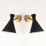 Set of three Italian wall lights in brass and lacquered iron, 1950s design