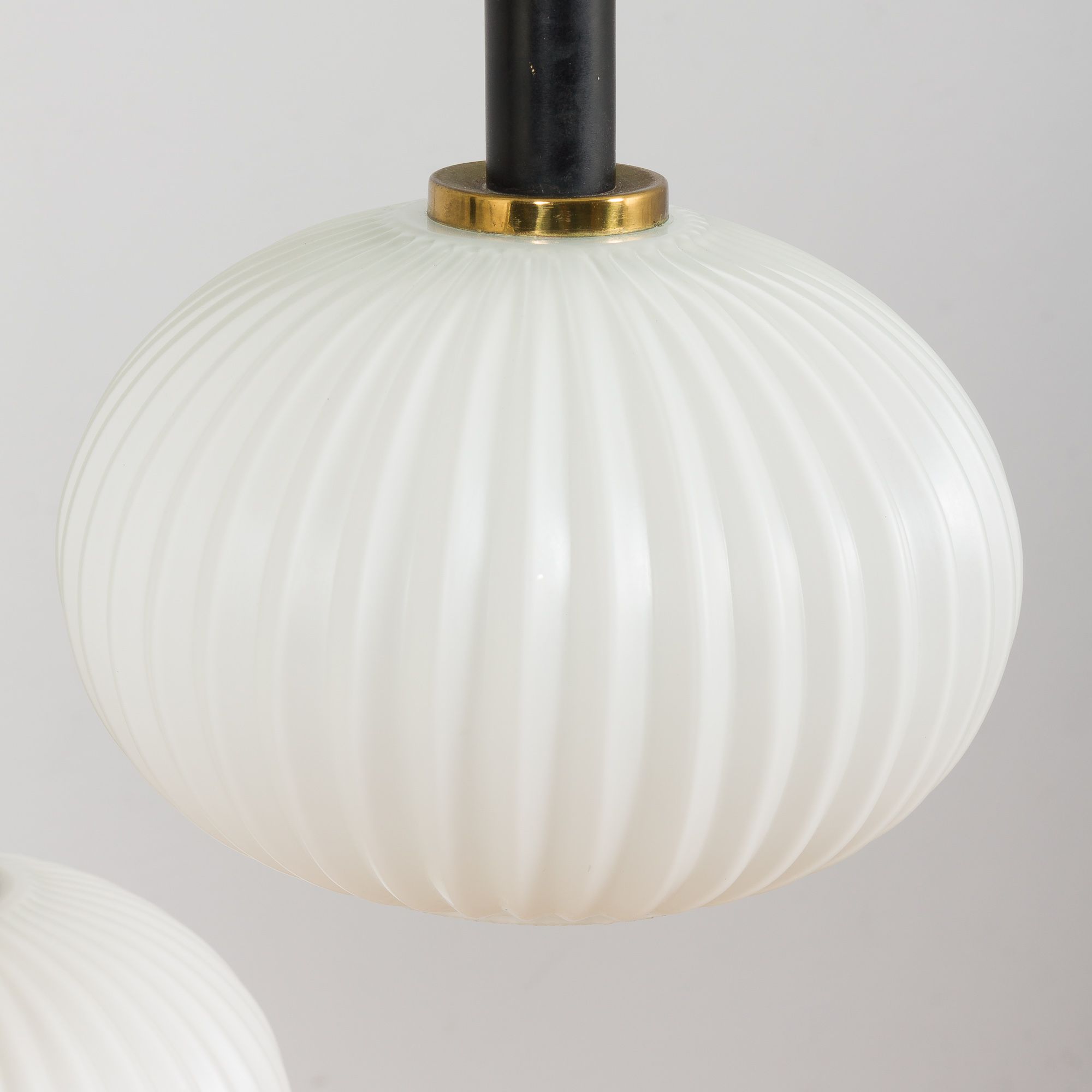 Ribbed glass and teak pendant lamp, 60s.
