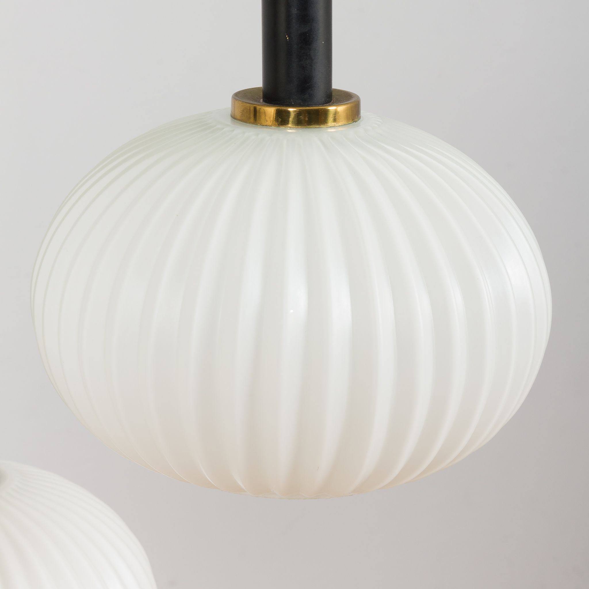Ribbed glass and teak pendant lamp, 60s.