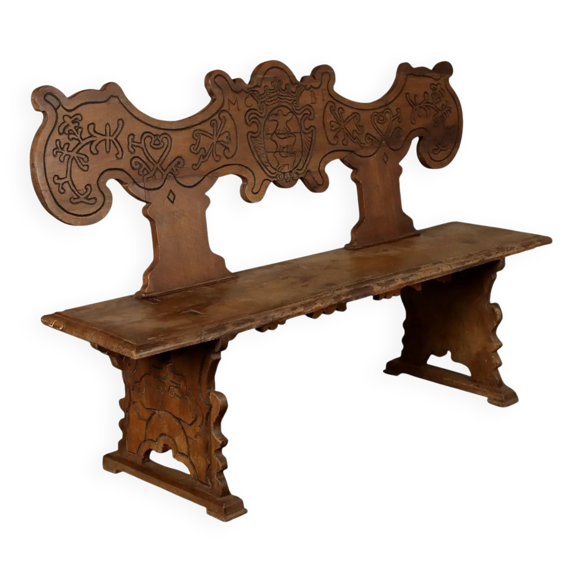 Ancient baroque walnut bench, Italy, 18th century